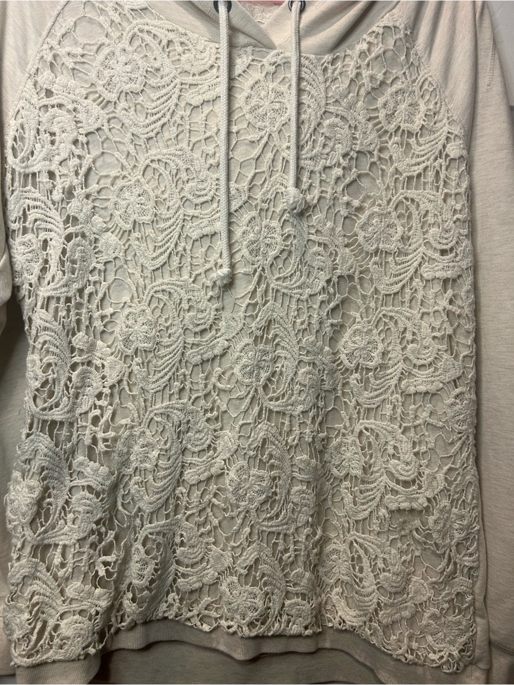 Cream Crochet Lace Hoodie Women’s Boho Romantic Cottagecore Pullover Sweatshirt - Picture 3 of 6